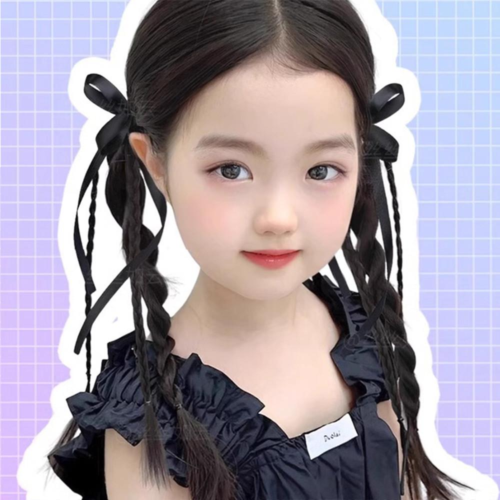 Synthetic  2PC children Simulation boxing braid double ponytail wig Girls ribbon bowknot Twist Braids Wigs Extension 50cm