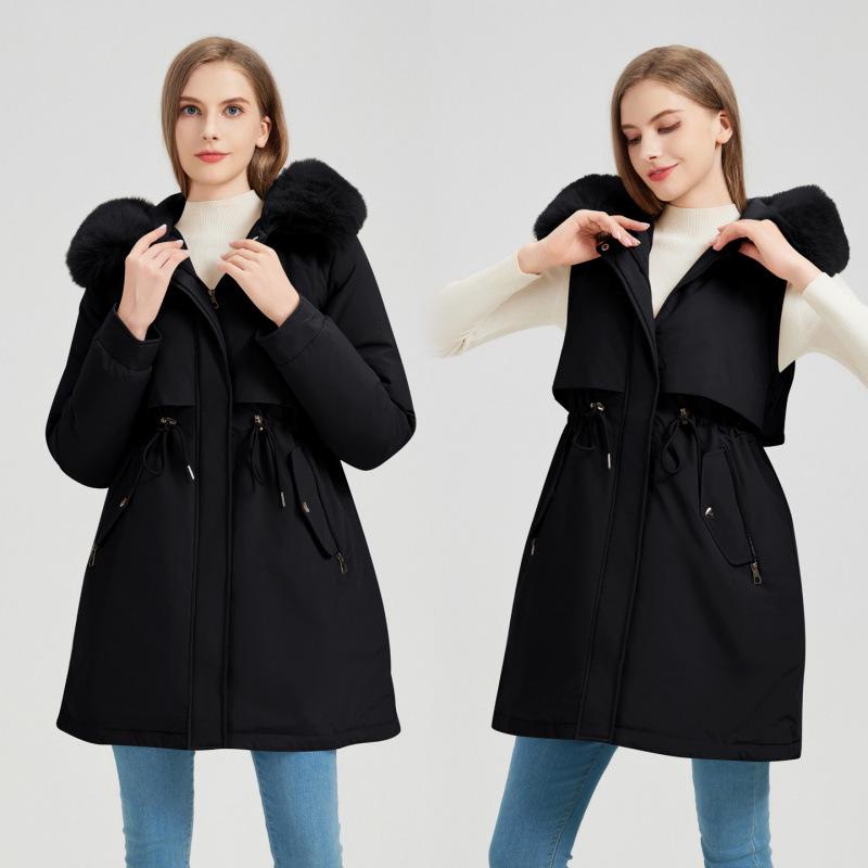 Women's Mid-Length Parka with Detachable Fur Collar and Sleeves - Warm, Thick Cotton Winter Jacket