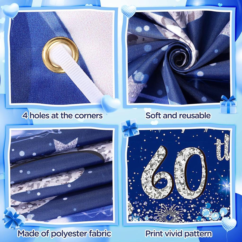 Blue Silver 60th Wedding Anniversary Decorations for Men Women Blue Silver Happy 60th Anniversary Banner and 18Pcs Balloons for 60 Years Wedding