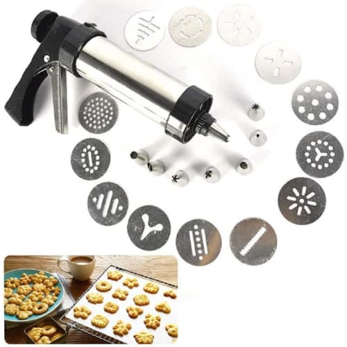 Cookie Press, Stainless Steel Biscuit Press Gun Set with 20 Cookie Discs and 4 Piping Nozzles, DIY Cookie Making Kit, Cookie Maker, Cookie Mold, Cake