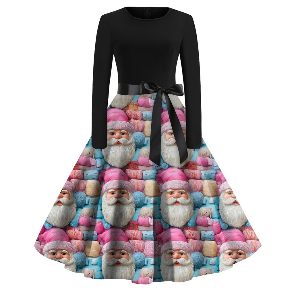 Women's Fashion Casual Round Neck Christmas Print Long Sleeve Dress