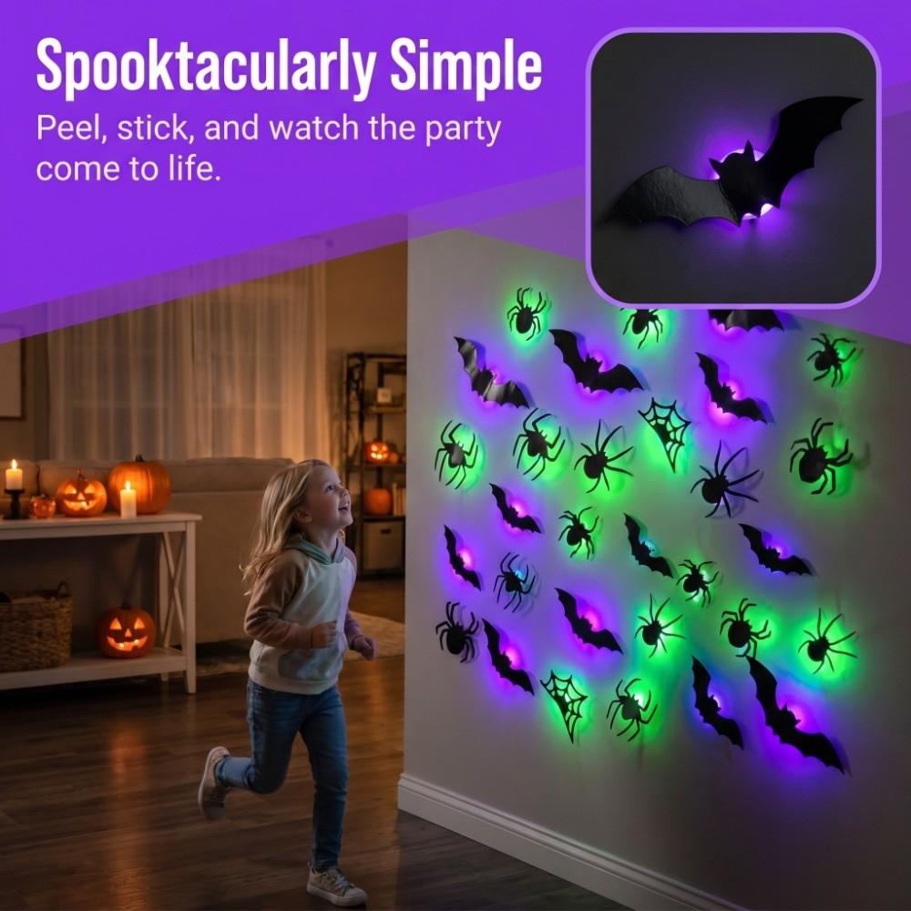 Glow in The Dark LED Glow Wall Stickers 3D Bat Halloween Decorations Window Decoration