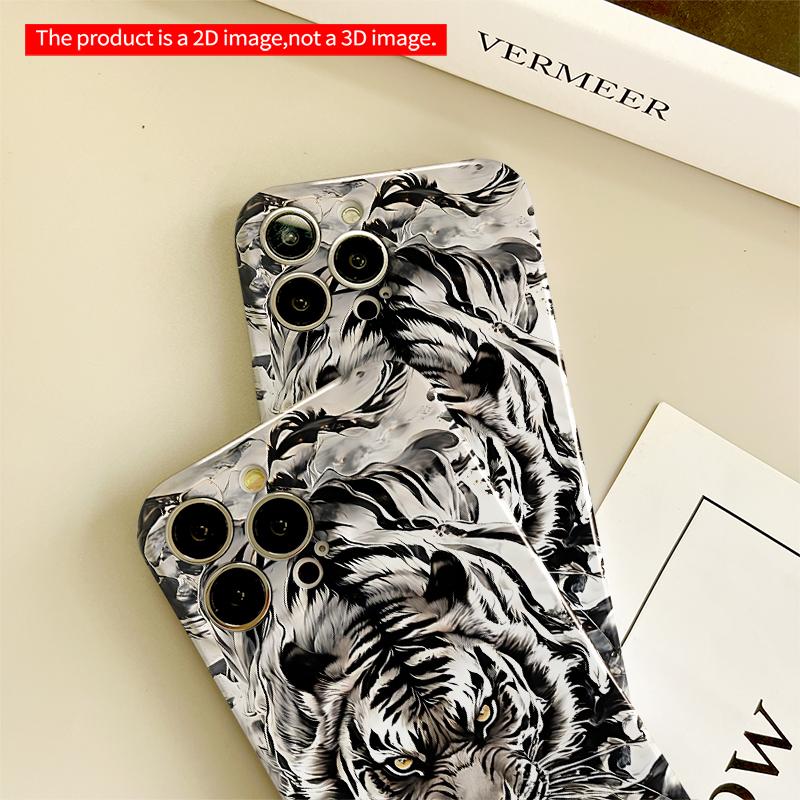 2DFlat Black and White Tiger Portrait Phone Case All inclusive film hard iPhone case, compatible with iPhone 18 Pro Max 17 16 15 14 13 12 11