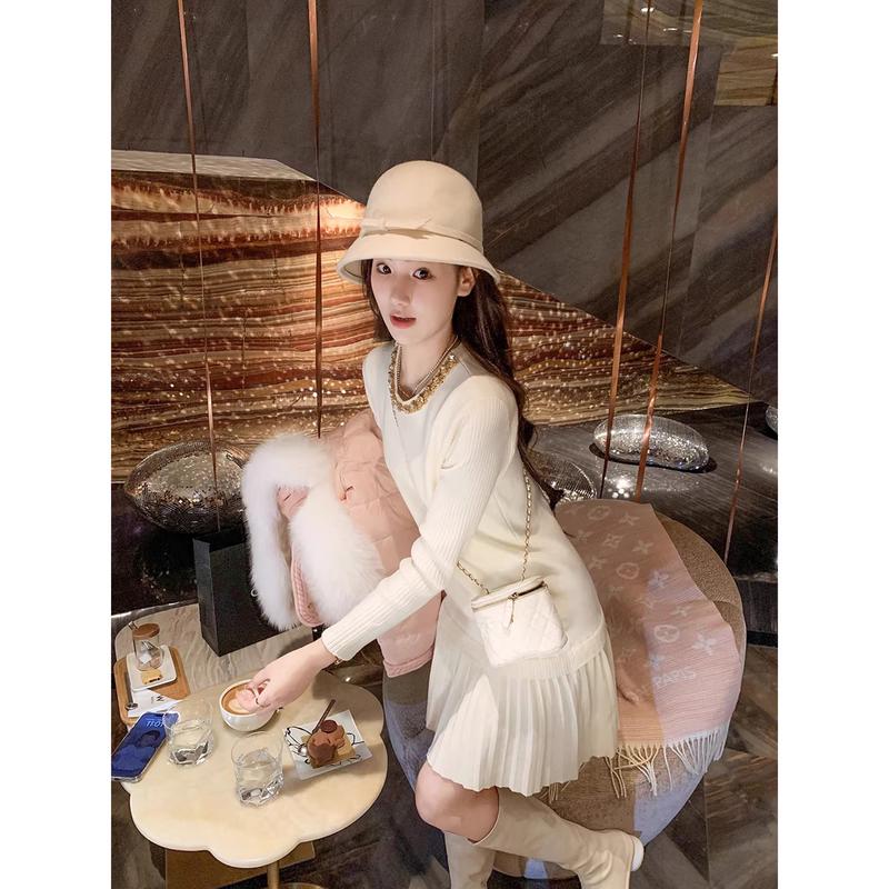 Yutuzi Women s French Style Fleece-Lined Knit Pleated Midi Dress L