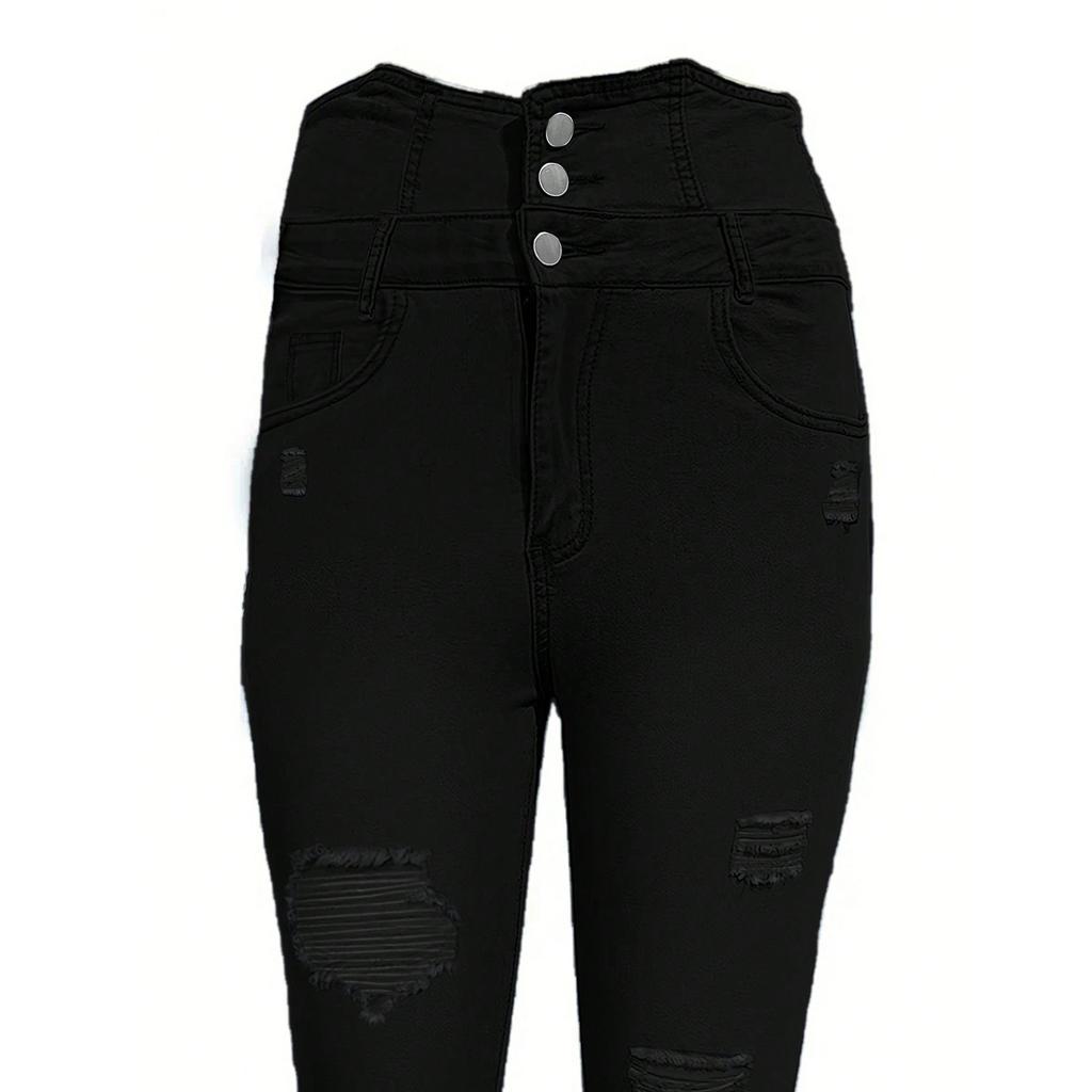 Women's Fashion Slim Button Jeans Cropped Pants Slim Jeans