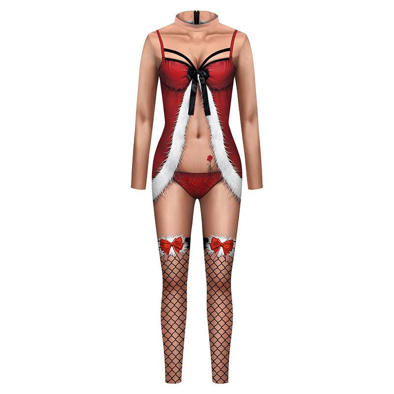 Christmas Cosplay Costume Zentai Catsuit Deer Pattern Printed Women Sexy Carnival Party Adult Spandex Bodysuit Jumpsuit