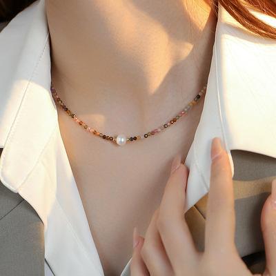 Freshwater Pearl Color Tourmaline Beaded Clavicle Chain Color Tourmaline Beaded Necklace Women S Summer Dopamine Necklace