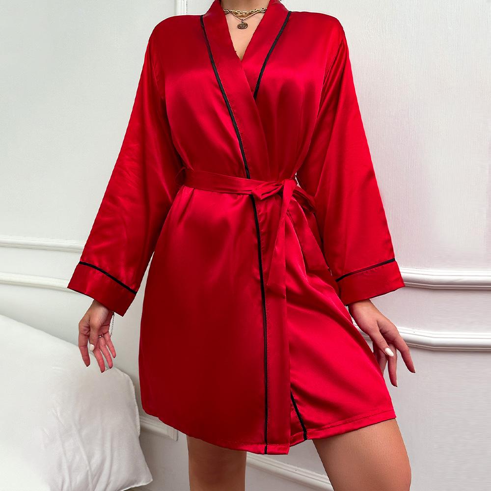 Summer Ice Silk Women's Mid-Length Thin Tie-Up Fashion Robe