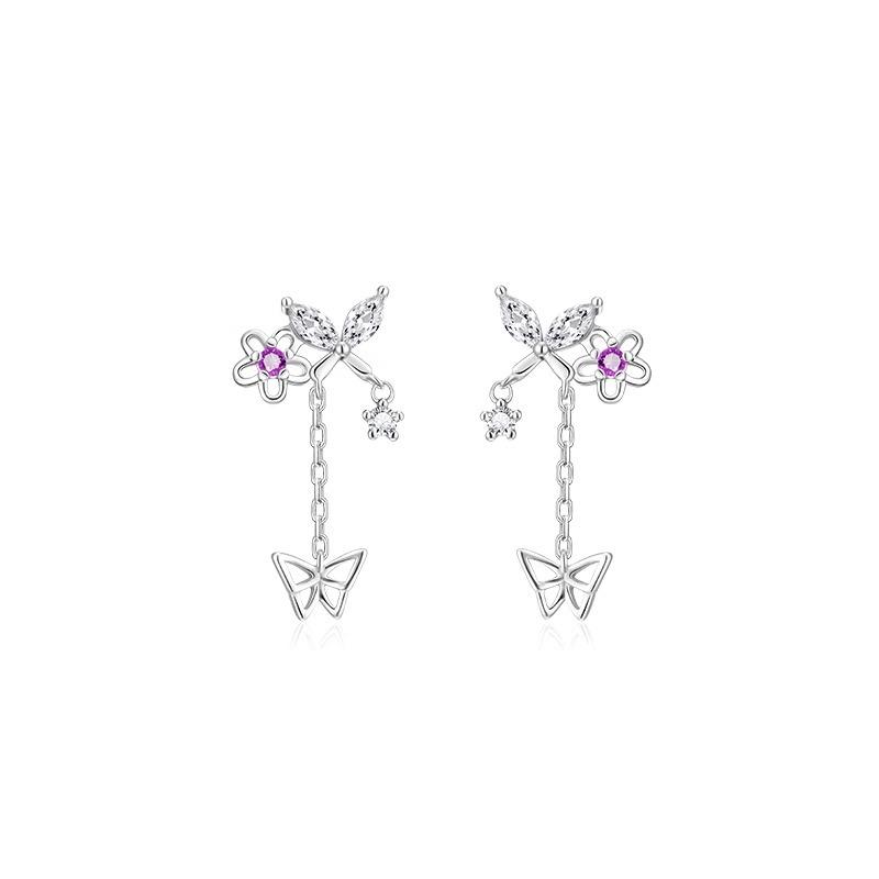 925 Silver Zircon Flower Earring for Women Girl Gift Butterfly Tassels Hollowing Out Jewelry