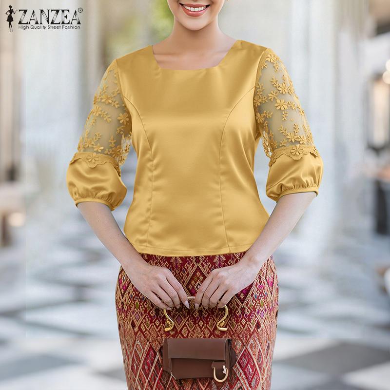 ZANZEA Women Casual Round Neck Embroidery Mesh Splice 3/4 Sleeve Satin Blouse