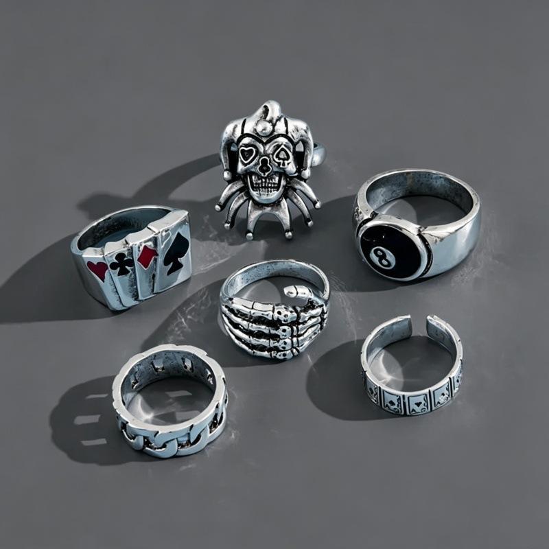 6Pcs Men Punk Poker Joker Silver Color Rings for Men Goth Skeleton Billiards Set Couple Emo New Fashion Jewelry Anillos Hombre