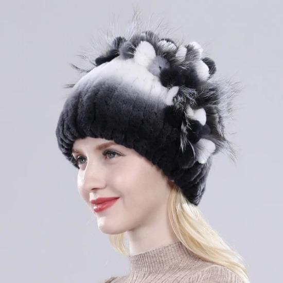 Brand Women Genuine Rex Rabbit Fur Hats Winter Rex Rabbit Fur Beanies Striped Top Flower Fox Fur Warm Real Fur Knit Caps
