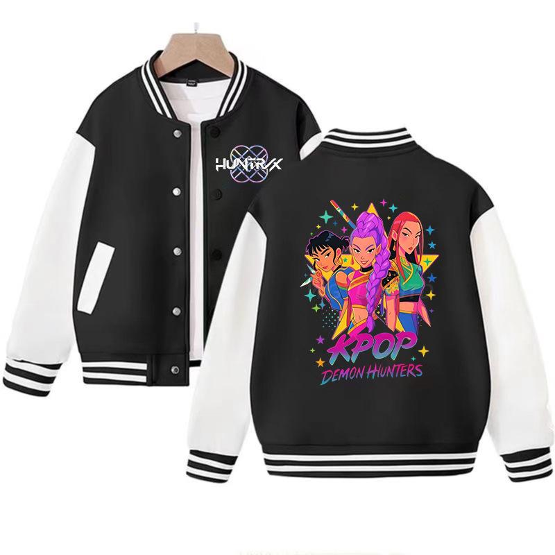 New Casual Jacket, Spring-autumn Jacket Children's Baseball Uniform, K-pop, Devil Hunter Cartoon Print, Cute Girl Sports Shirt