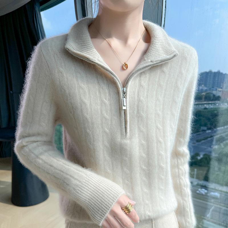 Autumn/Winter 2025 Women's High Neck Wool Knit Pullover: Ribbed Half-Zip, Soft & Fluffy Versatile Sweater