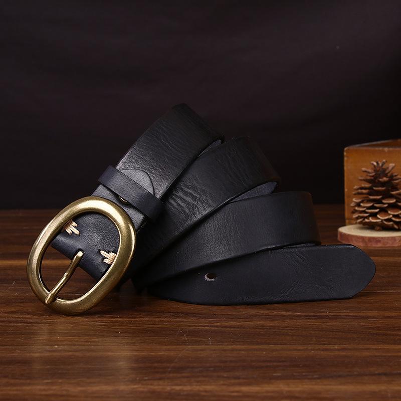 3.3Cm Wide Retro Unisex Leather Belt Simple And Versatile Couple First-Layer Cowhide Jeans Belt Men