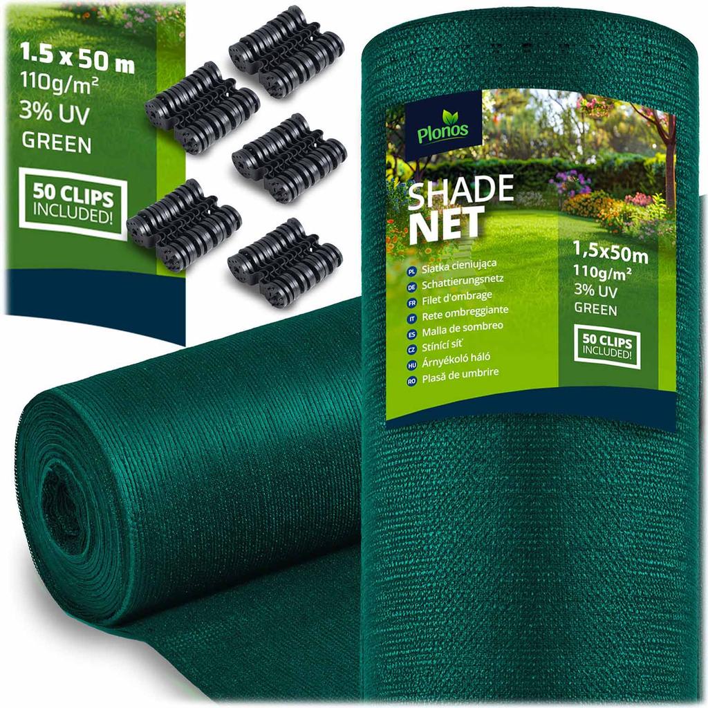 Shade Net 1.5x50m 110 G/m2 + 50 Clamps Green