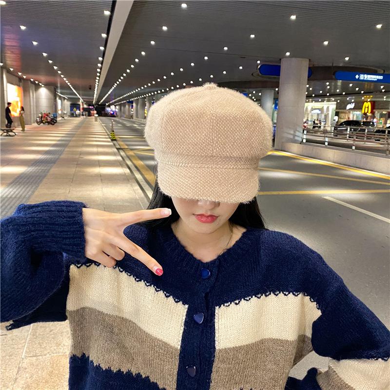 New Chenille Octagonal Cap  Peaked Cap for Women Korean Version Versatile Autumn and Winter Hat Warm Women's Solid Color Pumpkin Beret Trendy