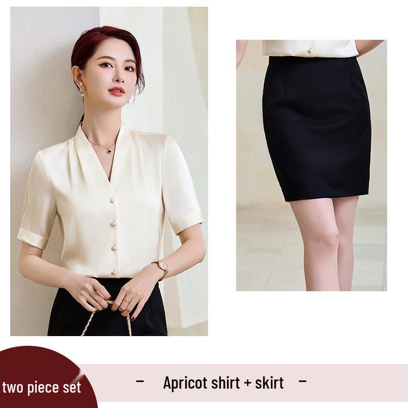 Women's Blue Chiffon V-Neck Shirt - Summer Short-Sleeve Professional Top