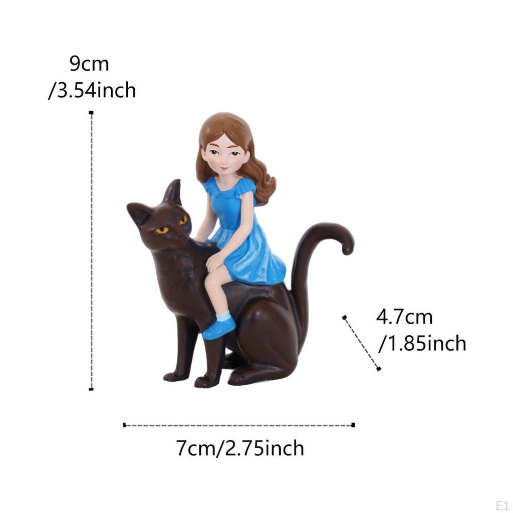 Girl withCat Figurine Cute Black Feline Statue Regal type Resin for Girls, Children,
