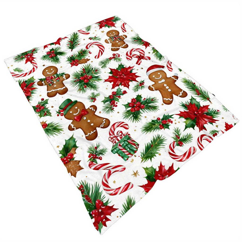 Christmas Gingerbread Holly Pattern Fleece Throw Blanket - All-Season Chunky Knit Polyester, Machine Washable, Uncharged, Soft