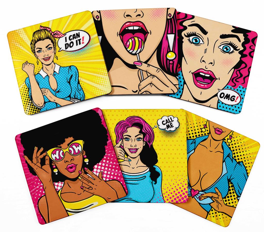 Inkdotpot Set of 6 Drink Coasters Easy Clean 4 Inch Square  Coasters  Cork Base-  Reusable- Funny Bachelor