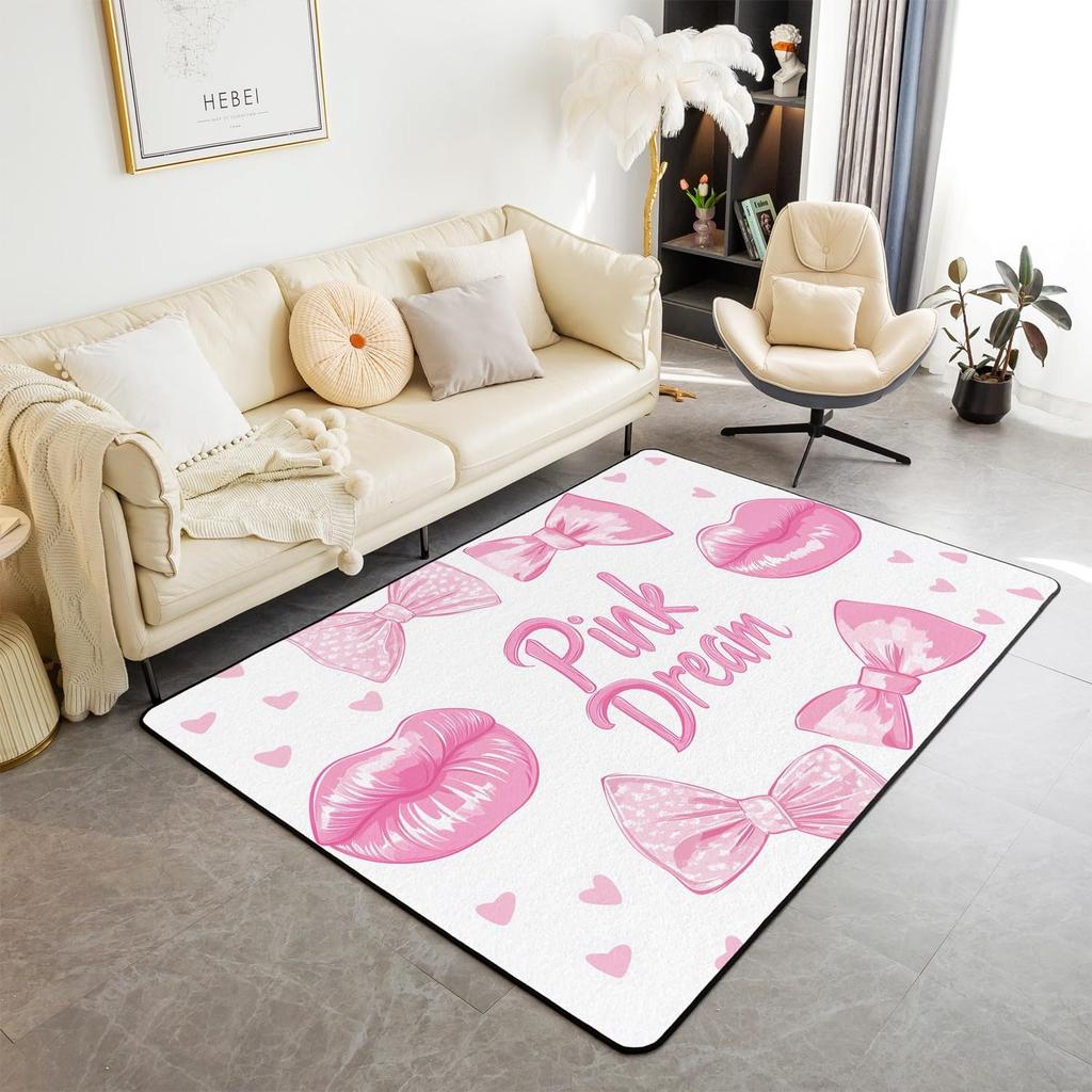 Erosebridal Bowknot Living Room Rugs for Girls, Girly Bow Knot Decorative Carpet Stripes Diamond Area Rug 6'6" x 4'11" for Kids Women, Kawai