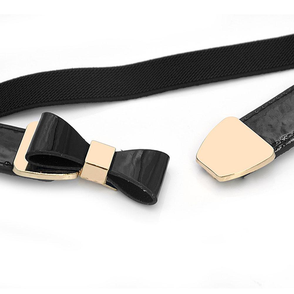 Lady Simple Elastic Thin Waistband Bowknot Interlock Buckle PU Leather Belt Cummerband