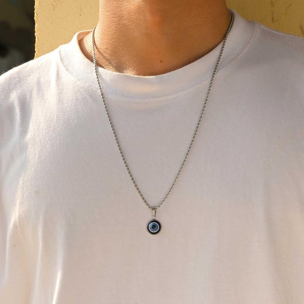 Colares Turcos Olho Grego de Aço Inoxidável para Homens, Colar com Pingente Redondo Olho Azul, Joia de Colar Étnica