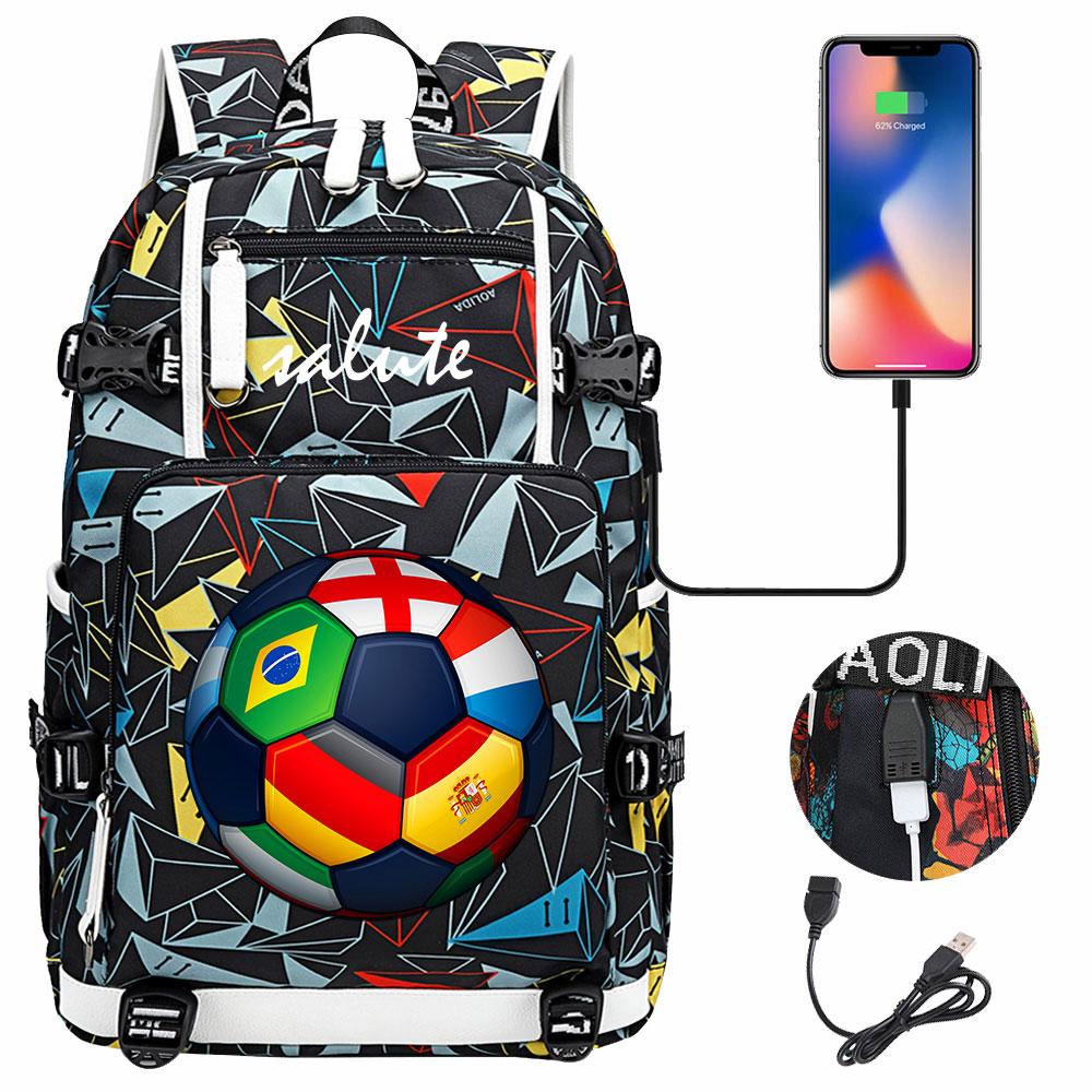 Soccer Print College Student Backpack with USB Charging Port Large Capacity Back To School Bags Women Men Laptop Travel Mochila