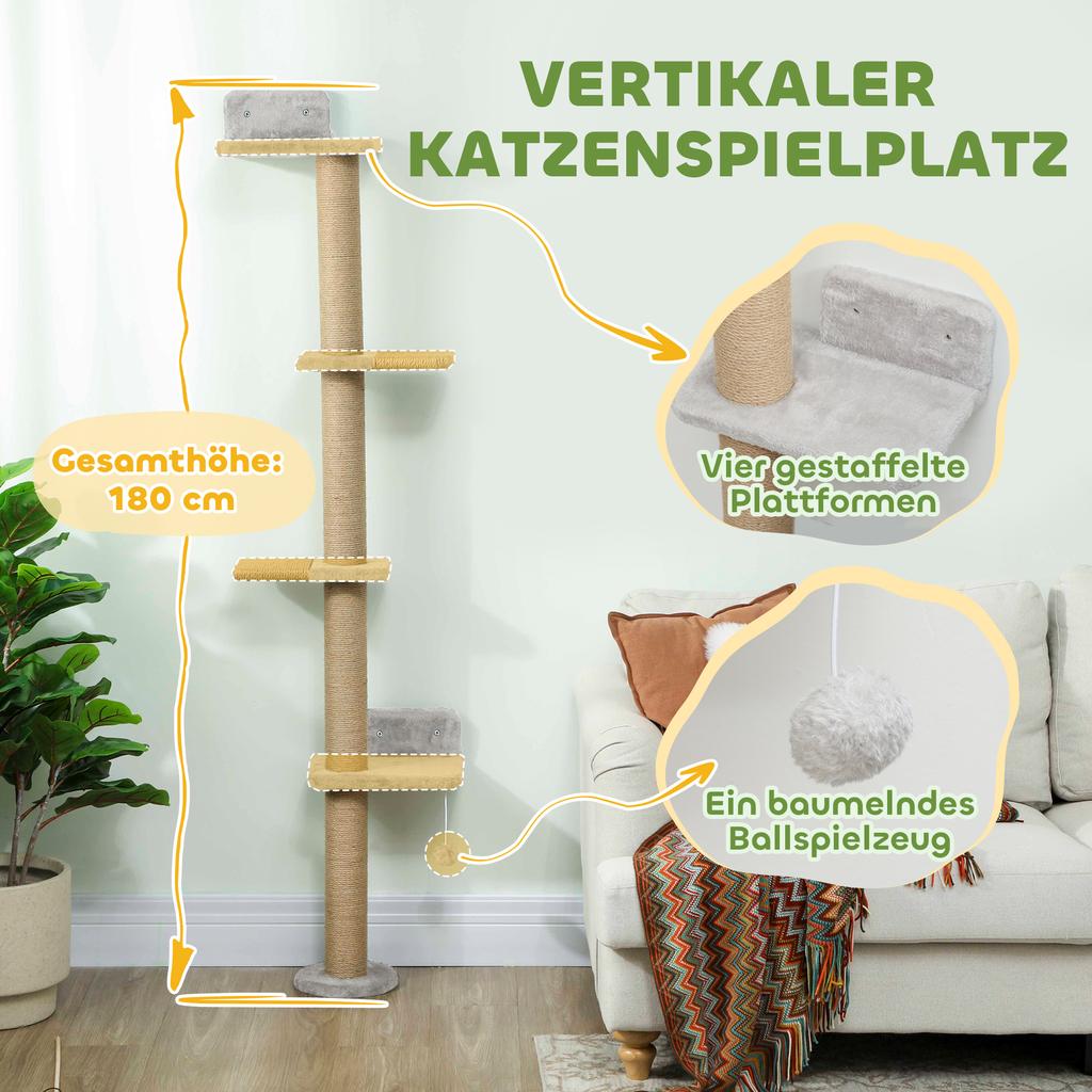 Wall Mounted Cat Shelves, Cat Climbing Wall with 4 Climbing Platforms, Jute Scratching Post and Toy Ball,180cm Tall, Light Grey