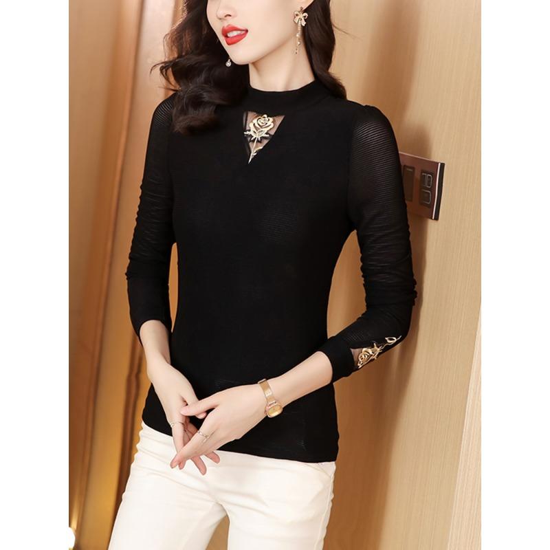 

Модная черная женская футболка с длинными рукавами, базовая рубашка для женщин, осенний новый сетчатый топ с полувысоким воротом XL