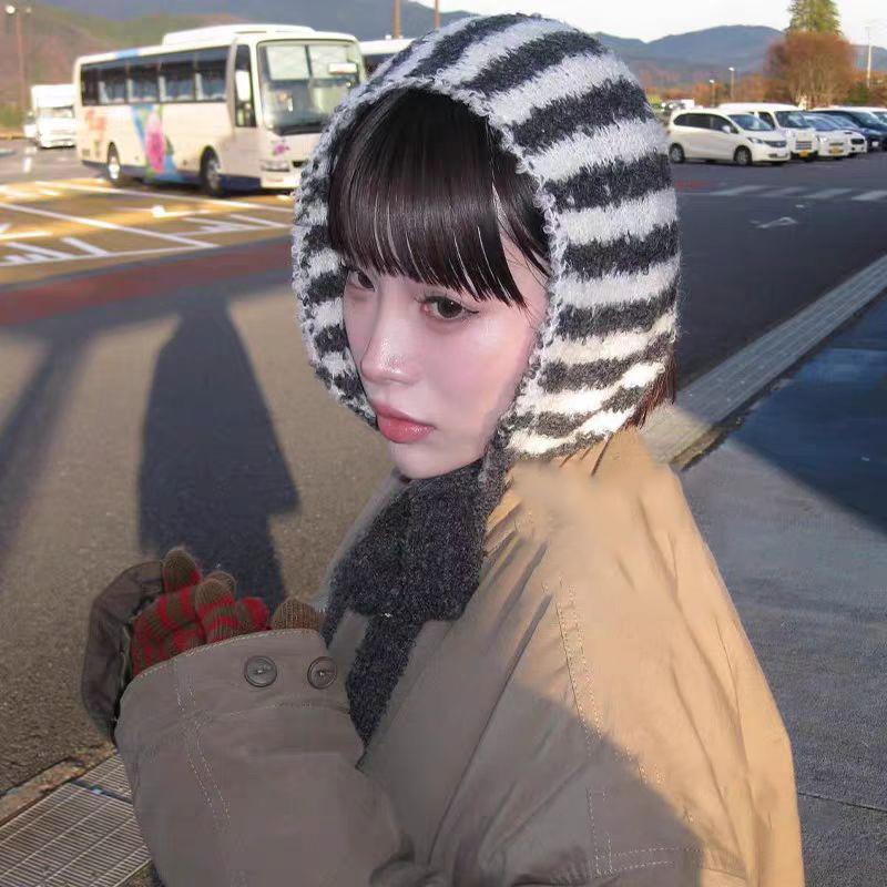 Small Scarf Women Korean Style Neckband Ear Warmer Dual-Purpose Hat Striped Knitted Wool Versatile Cute Neckband
