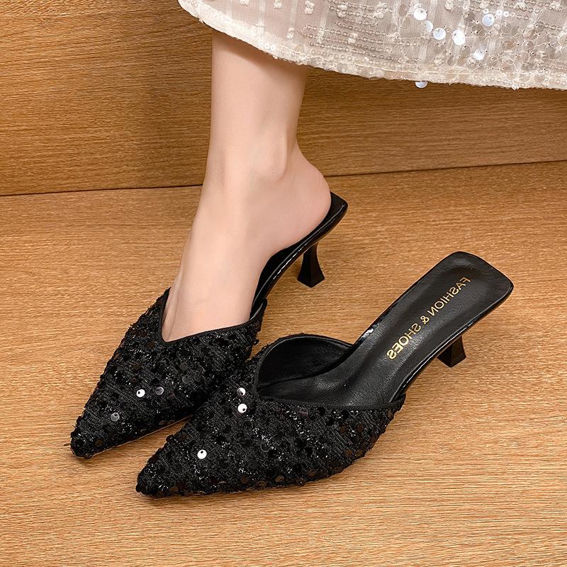 Baotou half slippers women's outer wear 2025 new pointed high heels women's thin heels versatile sequins fashion Mill shoes