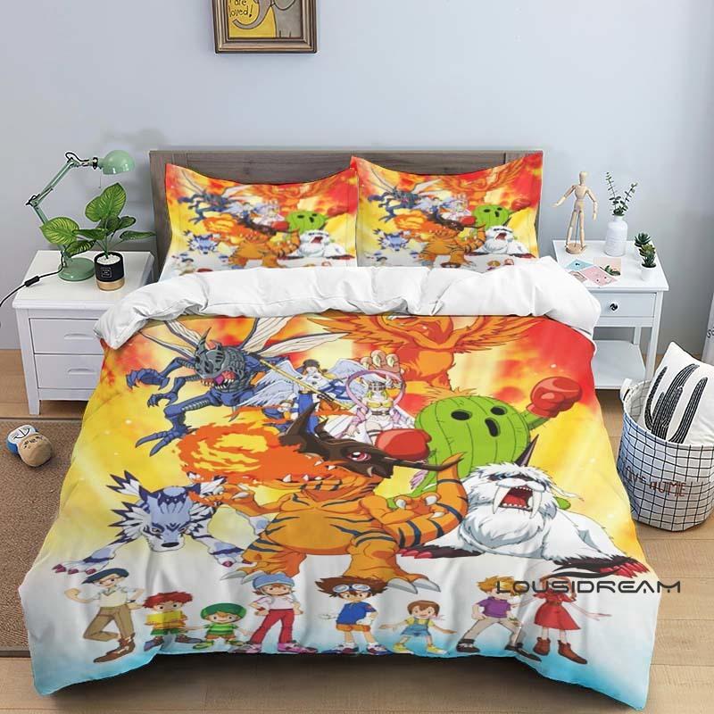 Digimon Cartoon 3D-Printed Bedding Set—Includes Duvet Cover and Pillowcases—Available for Single, Double, King, and Queen-Sized