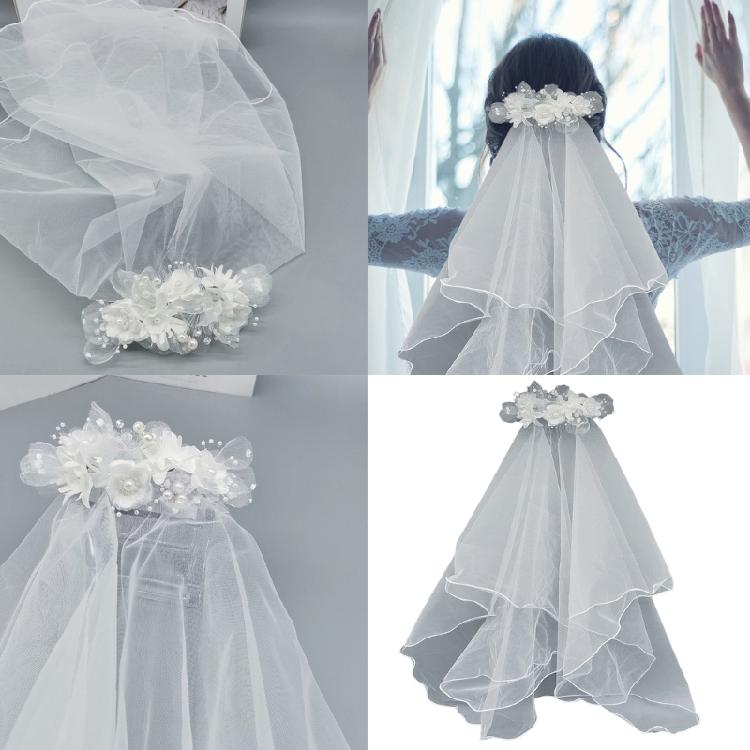 Sophisticated White Bridal Veil Double Layer with Artificial Pearls Edge Fashionable Wedding Veil For Bride