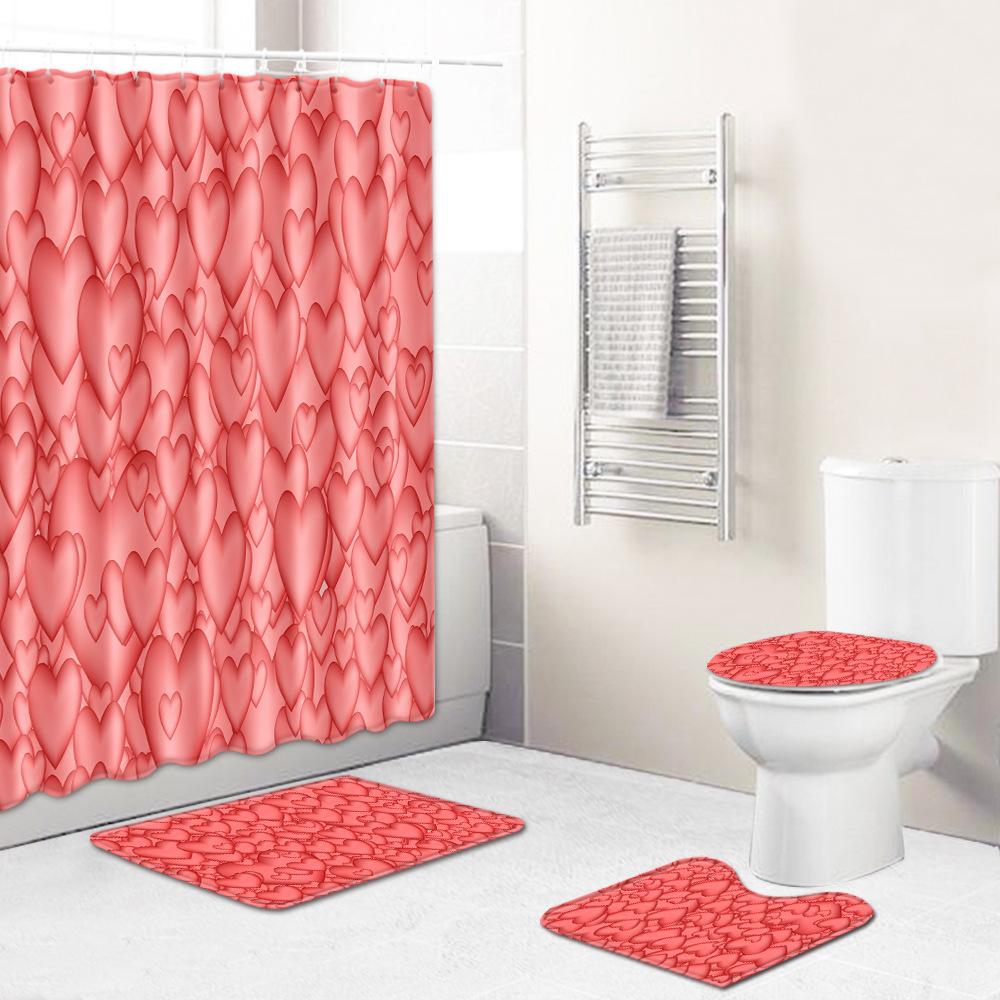 Love Valentine'S Day Shower Curtain Floor Mat Four-Piece Set Bathroom Non-Slip Door Mat Bedroom Carpet