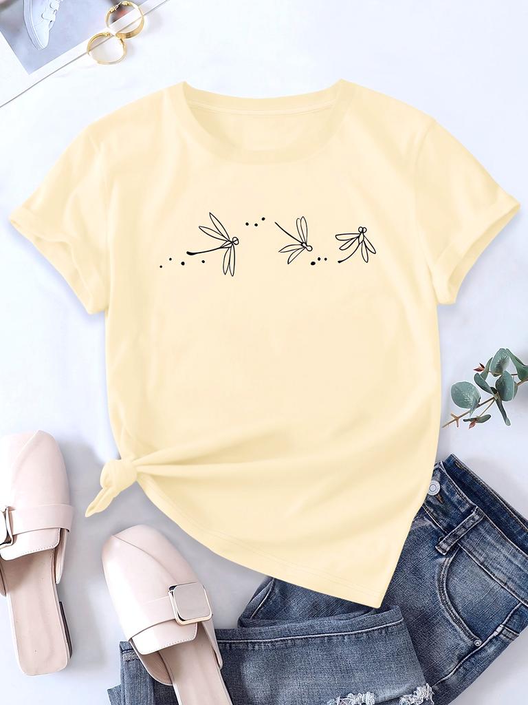 Camiseta Casual de Manga Corta para Mujer con Estampado Animal de Mariposa Libélula Cuello Redondo Ajuste Verano Casual Camisetas de Mujer Tela Suave