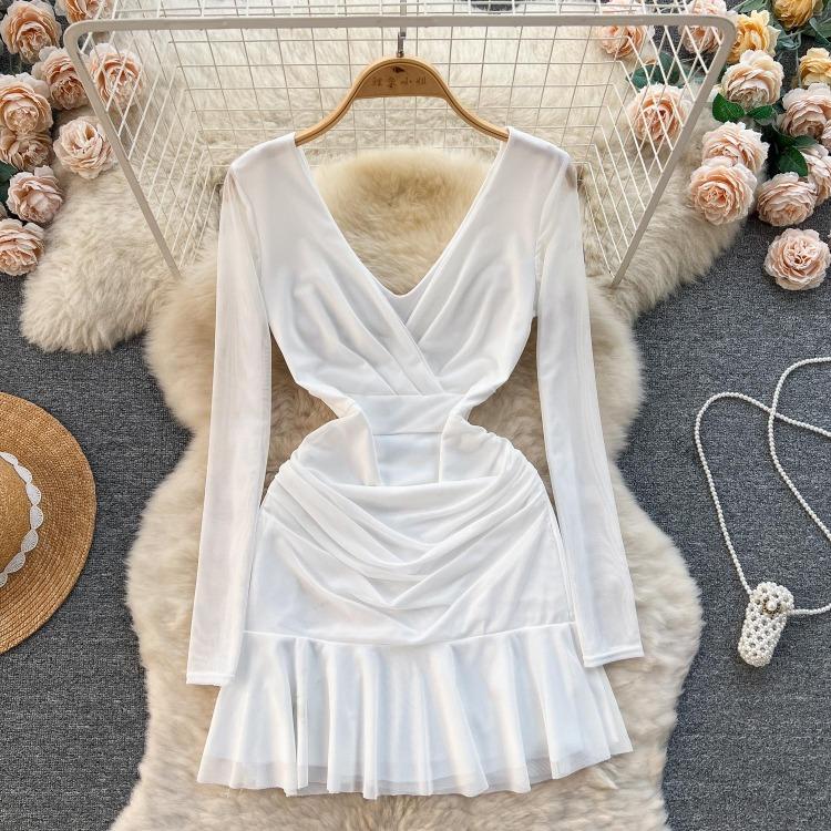Summer Women Mini Dress V Neck Solid Color A Line Elastic High Waist Long Sleeve Casual Sheath Spring Dress