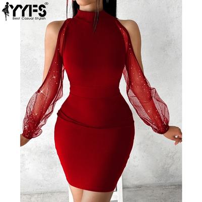 Moda de mujer Verano Primavera Color sólido Estampado Manga larga Medio cuello alto Vestidos de cóctel y noche