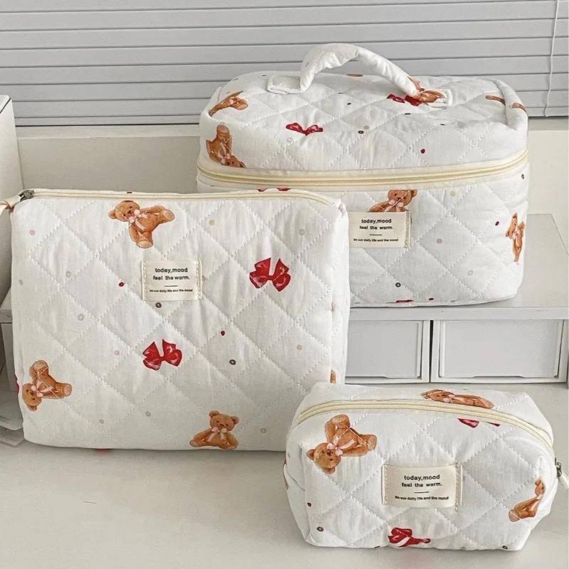 Large Capacity Ladies Travel Storage Bag Portable Quilted Female Handbag Cute Cartoon Bow Bear Women's Makeup Case Cosmetic Bags