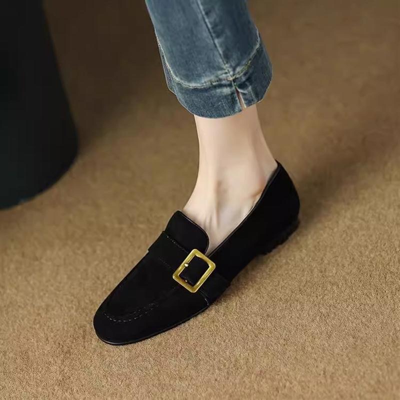 British Style Retro Round Head Flat-soled Loafers 2025 New Belt Buckle Soft Leather Deep Mouth One-pedal Single Shoes