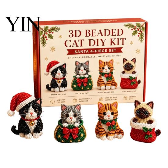 Kleberloses Perlen-Set 3D Perlen-DIY-Set, Lebensechtes Weihnachtstier-Bastelset, Perlenkatze Handgemachtes Einfaches Stickset für Kinder und Erwachsene Festlicher Feiertag
