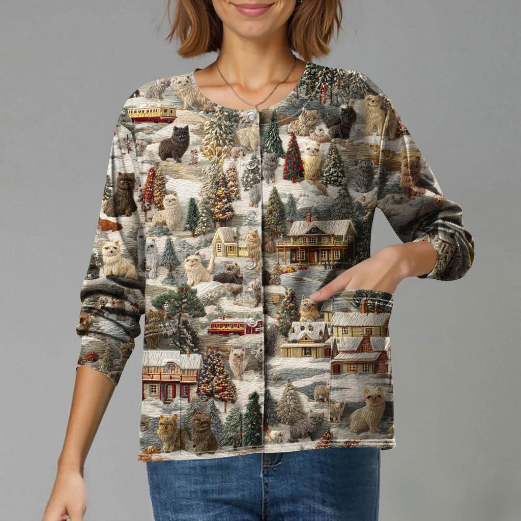 Women's Casual Long-Sleeved Single-Breasted Christmas-Themed Print  Cardigan