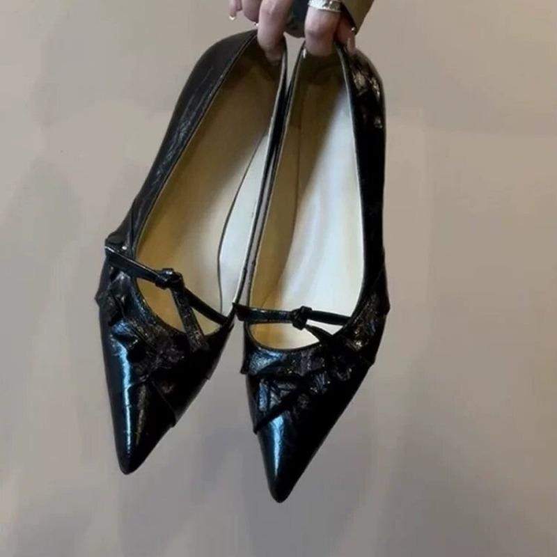 Fashion Women's Flat Single Shoes Fall New Pointed Toe Shallow Mouth Ruffle Bow Soft Sole Non-Slip Low Top Shoes