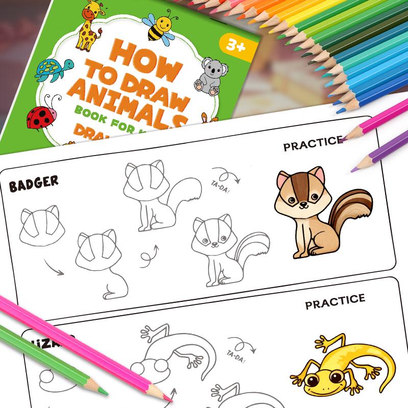 Non-Toxic Green Animal Drawing Book For Kids Step-By-Step Cartoon Art Educational Gift
