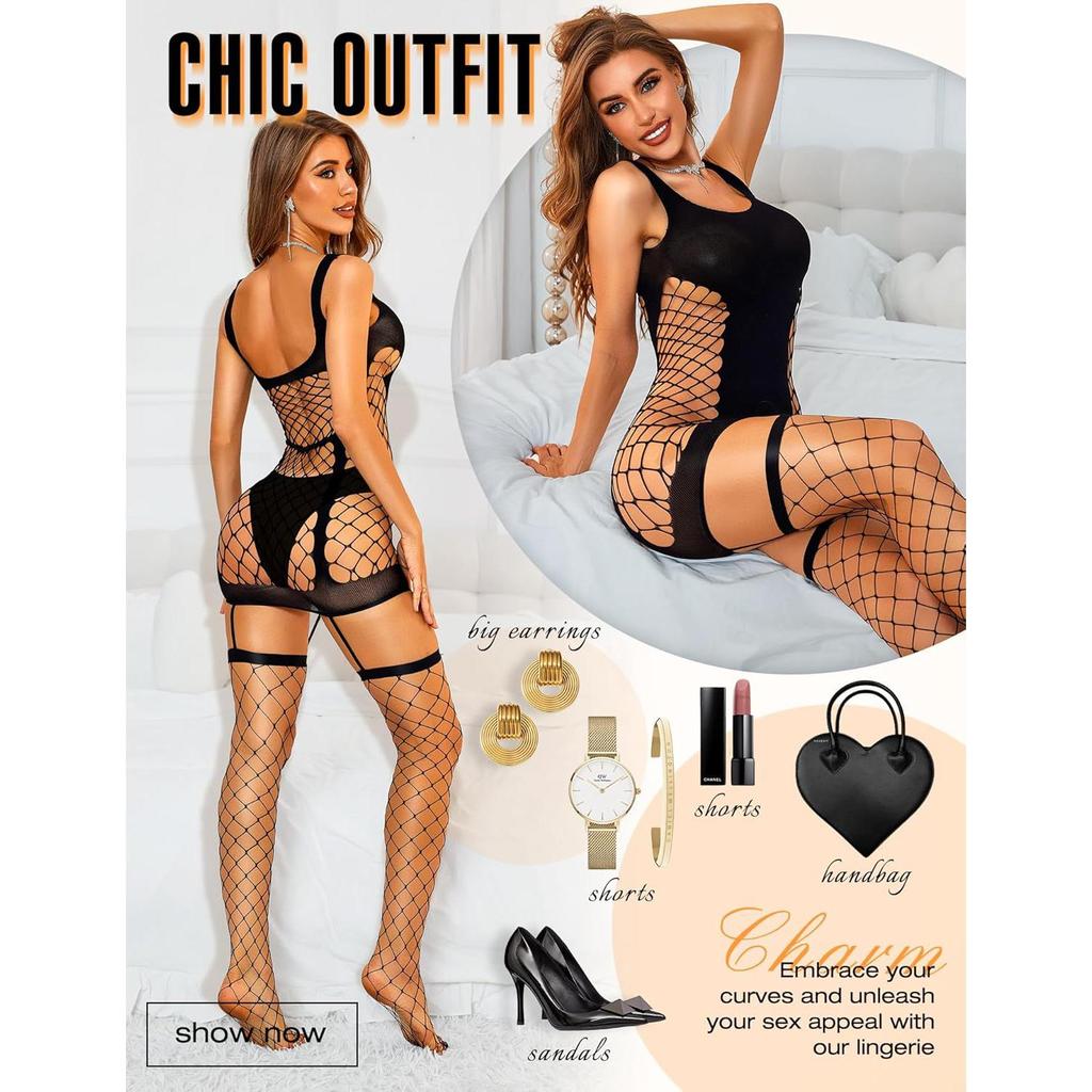 Babydoll Lingerie for Women Chemise - Fishnet Bodysuit Womens Sleepwear with Stocking Sexy Dress Bodystocking One Size