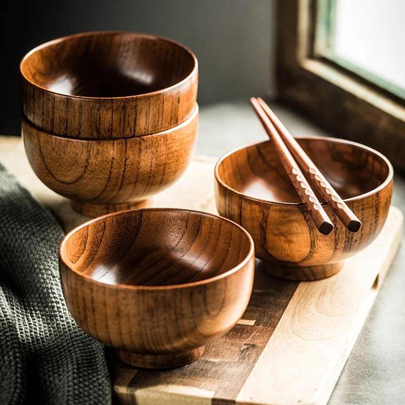4Pcs Wooden Bowls Japanese Rice Soup Bowl Natural Wood Bowl Set Home Restaurant Dining Serving Bowls for Food Ramen Tableware