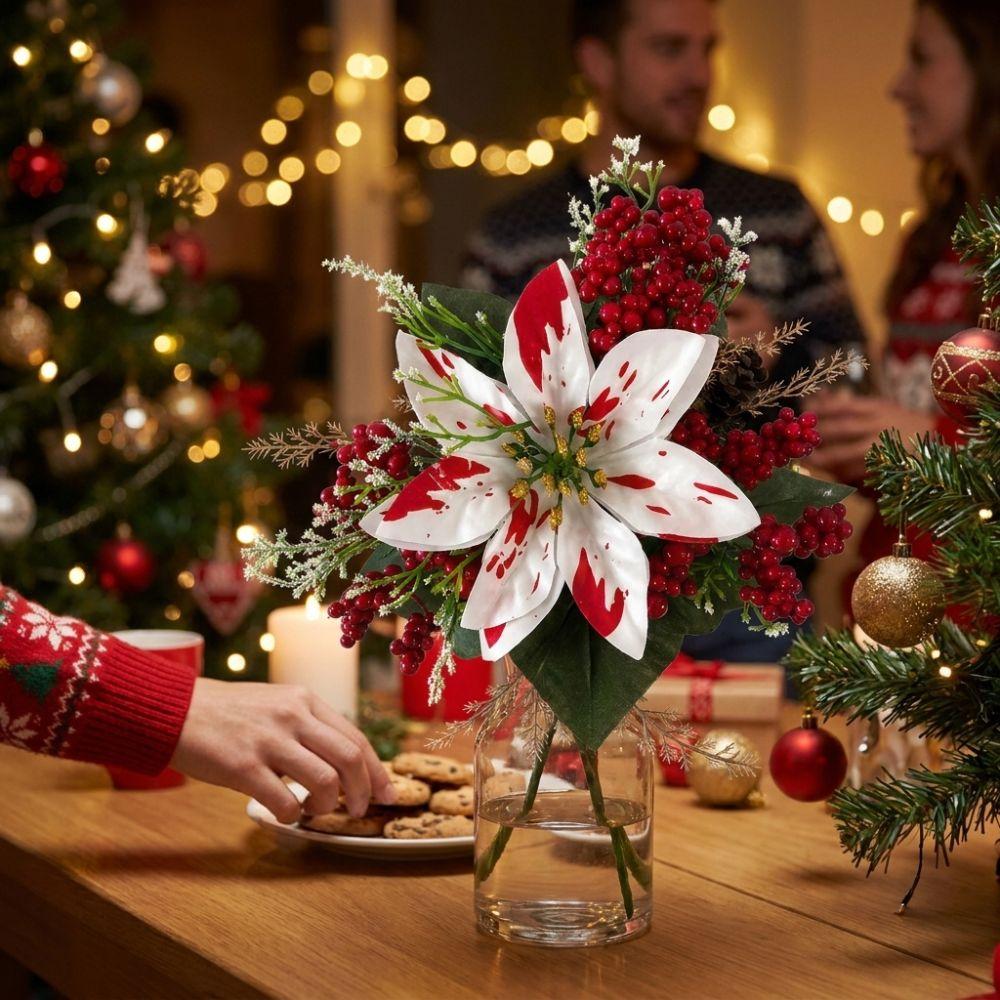 UV Resistant Artificial Poinsettia Bouquet Lush Leaves Xmas Faux Poinsettia  Christmas
