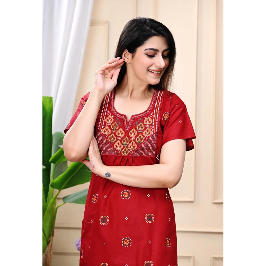 Red Embroidery Women Night Gown Dress Indian Beautiful Daily Wear Maxi Nighty