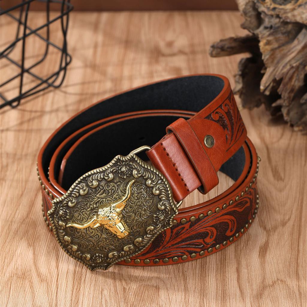 Vintage Western Denimbelte Ku hode Stor plate spenne Denim Gravert Etnisk stil Herre Punk PU lærbelte